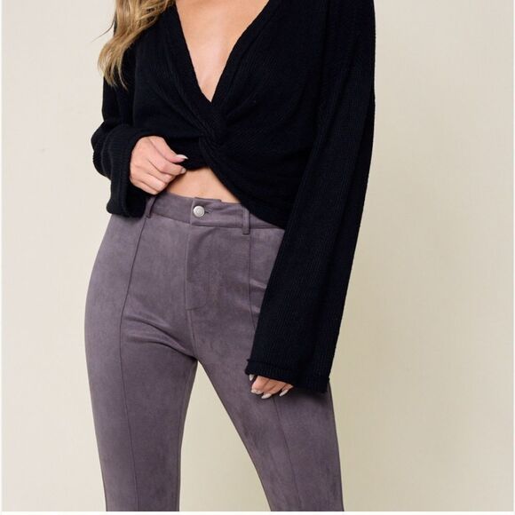 Seamed Gunmetal Gray Tailored Suede Bell Bottom Flare Pants - Picture 5 of 7